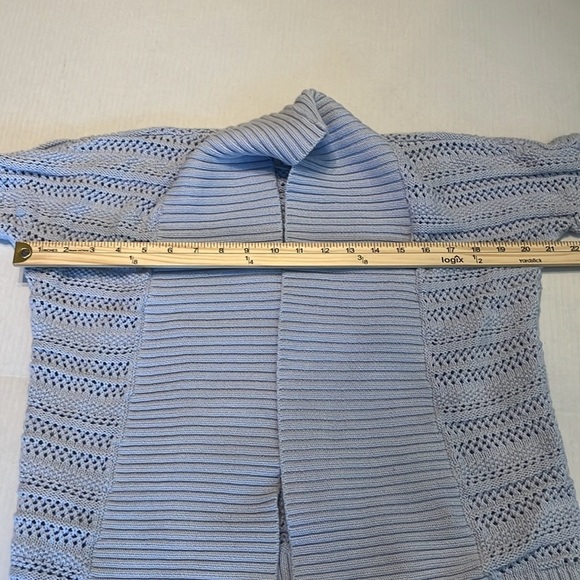 LOFT Light Blue Short Sleeve Cable Knit Ribbed Front Open Cardigan Size M - Picture 4 of 11